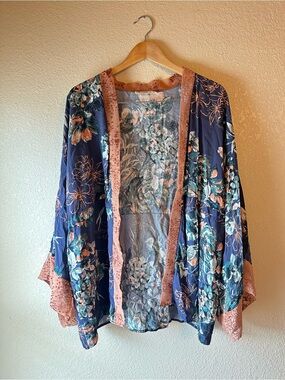 Navy Floral Open-Front Kimono with Blush Trim